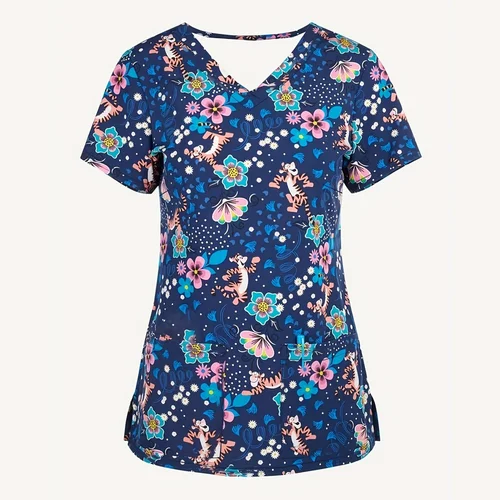 Imagen 1 del producto Uniforme clínico con estampado de dibujos animados para mujer, Tops de Médico Dental, cuello en V, camisetas de manga corta, uniforme quirúrgico