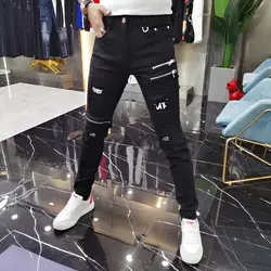 Luxury 2023 Men's High Street Korean Black Jeans with Zipper Distressed Hole Designer Youth Trend Slim-Fit Black Cotton Trousers