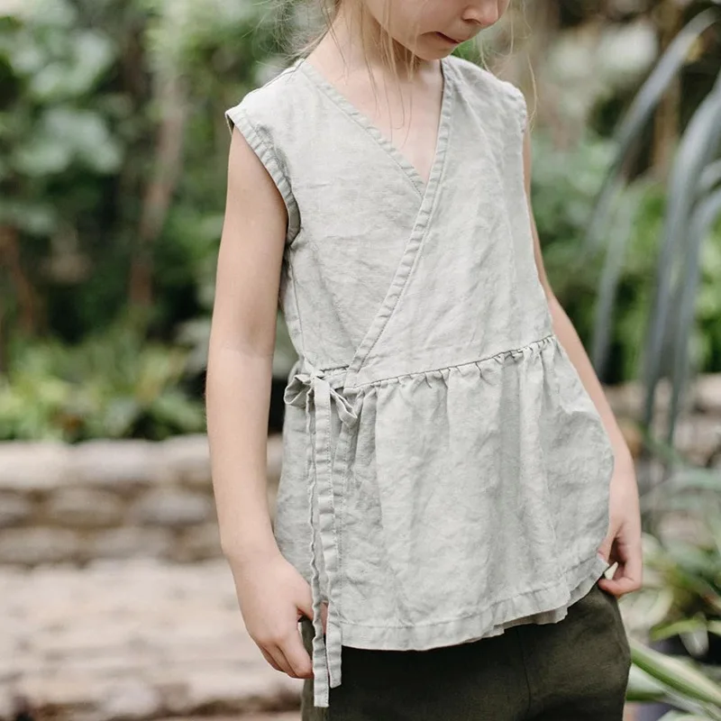 Casual Sleeveless Slash Tie Tank Top Girls Ramie Cotton New Chic V-Neck Baby Kids T-shirts Summer Loose Harajuku Tops