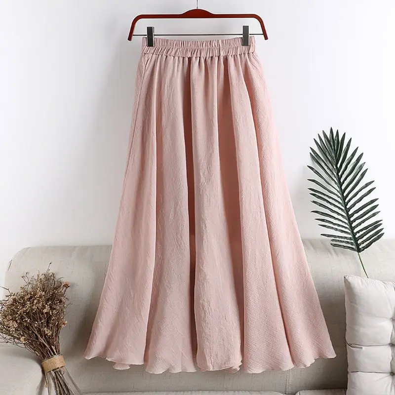 

Summer New Large Size Cotton Linen Elastic Waist Long Pure Color A-Line Skirt Women's Artistic Country Style Half-length Skirt