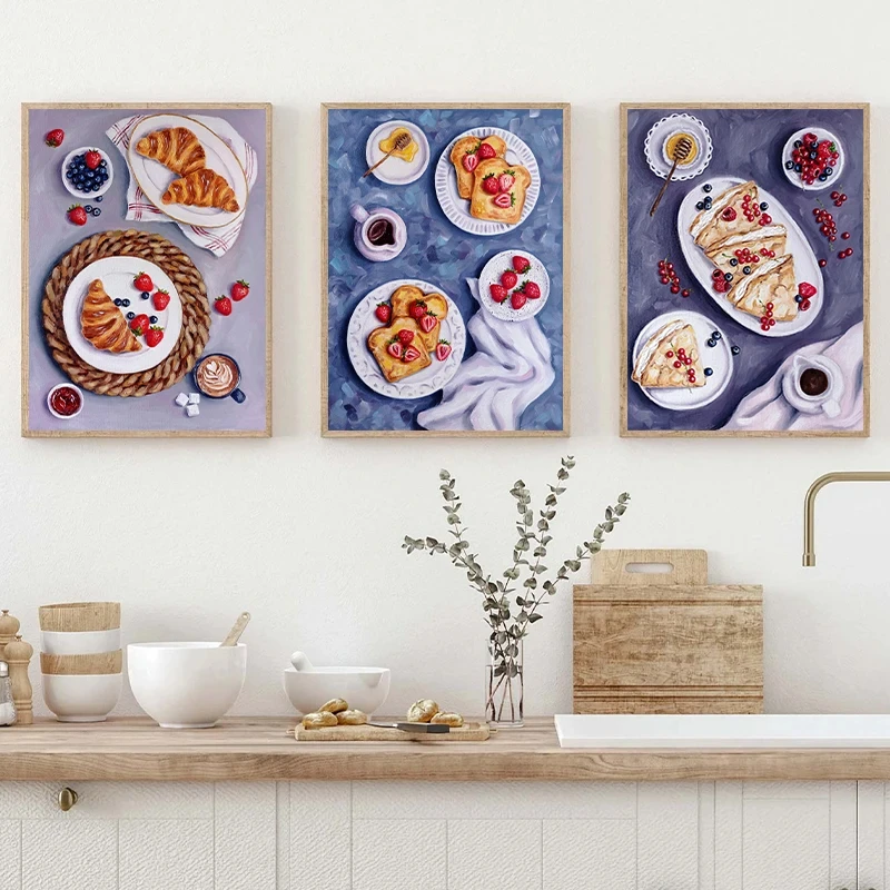 Food Dessert Oil Painting Posters Berry Buns Eggs Croissant Waffle Cookies Canvas Printing Wall Art Picture for Kitchen Decor