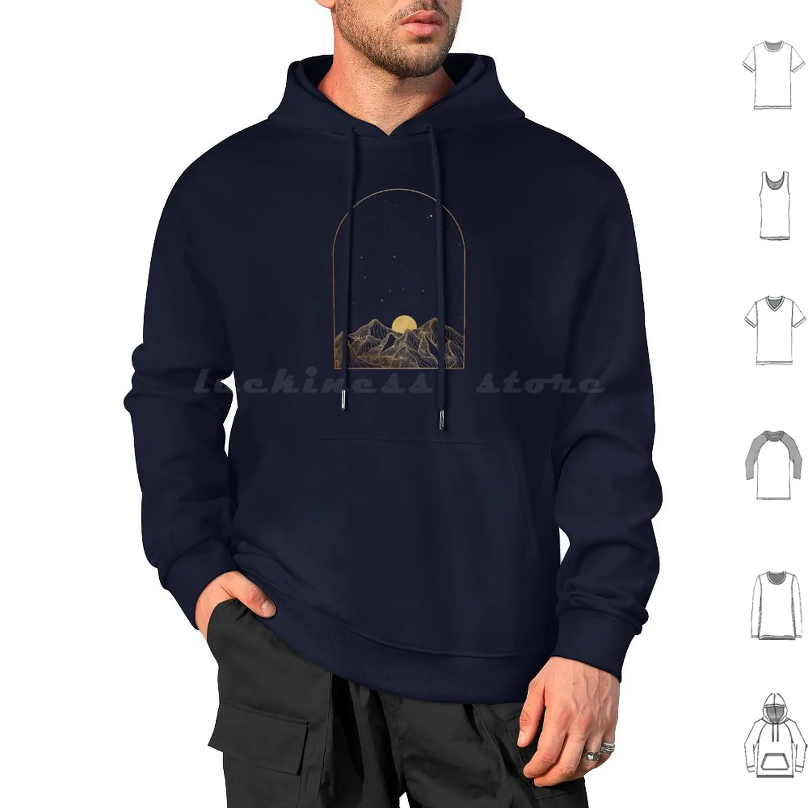 Golden Night Sky Hoodie cotton Long Sleeve Night Moon Sky Mountains Lines Simple Gold Golden Arch Stars Astrology