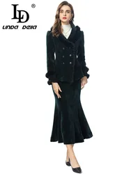 LD LINDA DELLA Autumn winter Women's Suit Turn-Down Collar Double-Breasted Tops+Slim-Fit Hip Wrap Mermaid Skirt 2 piece set