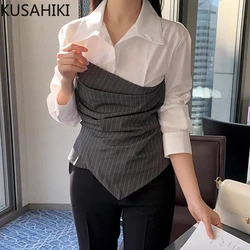 KUSAHIKI Korean Chic Autumn New Elegant Turn Down Collar Patchwork Fake Two-piece Irregular Long Sleeved Shirt Top for Women