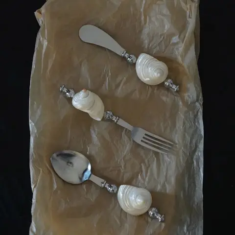 Naturlig snäckskal, handtag, gaffel, sked, kniv, rostfritt stål, snäckskal, bestick, dessertsked, middagskniv, salladsgaffel, porslin 10 best sales skalsked - №5