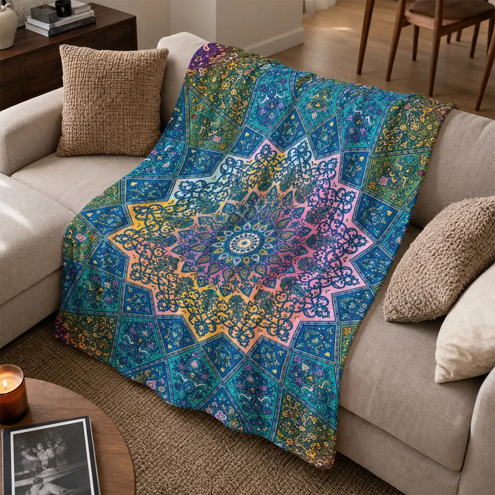 Bohemian Moroccan Geometric Pattern Throw Blanket for Sofa Couch Living Room Home Decor Vibrant Tapestry Decorative Accent