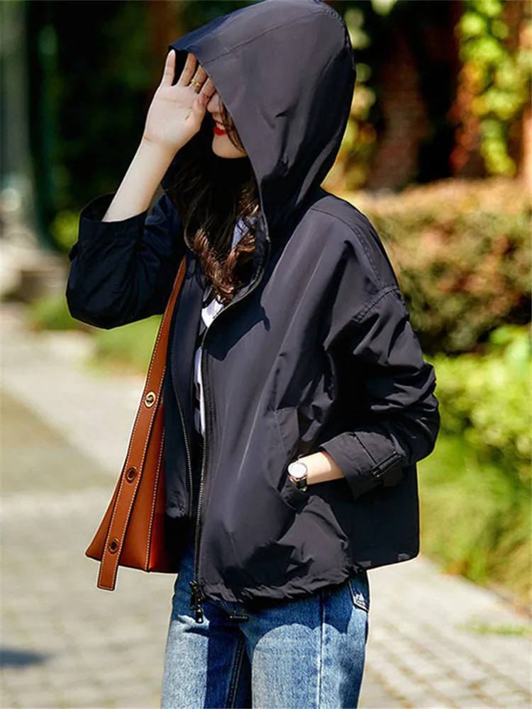 

Jacket Women Spring Autumn Pop Solid Color Hooded Zipper Long-sleeved Coat Loose Temperament Simple Fashion Commuter Cropped Top