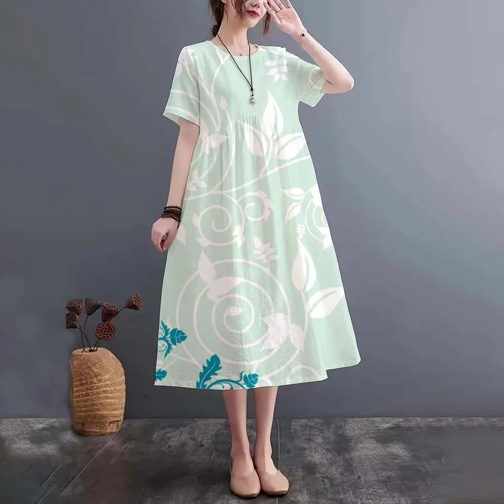 2024 New Women'S Elegant Party Dress With Green Leaf Vine Print Short Sleeved Dress Casual Loose Fit Available In Various Sizes