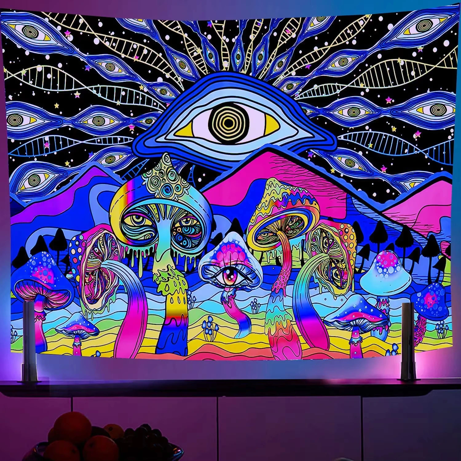 Blacklight Psychedelic UV Fluoreszierender Wandteppich Pilz Wandbehang Flagge Home Decor Hexerei Totenkopf Wandteppich Hintergrund Tuch