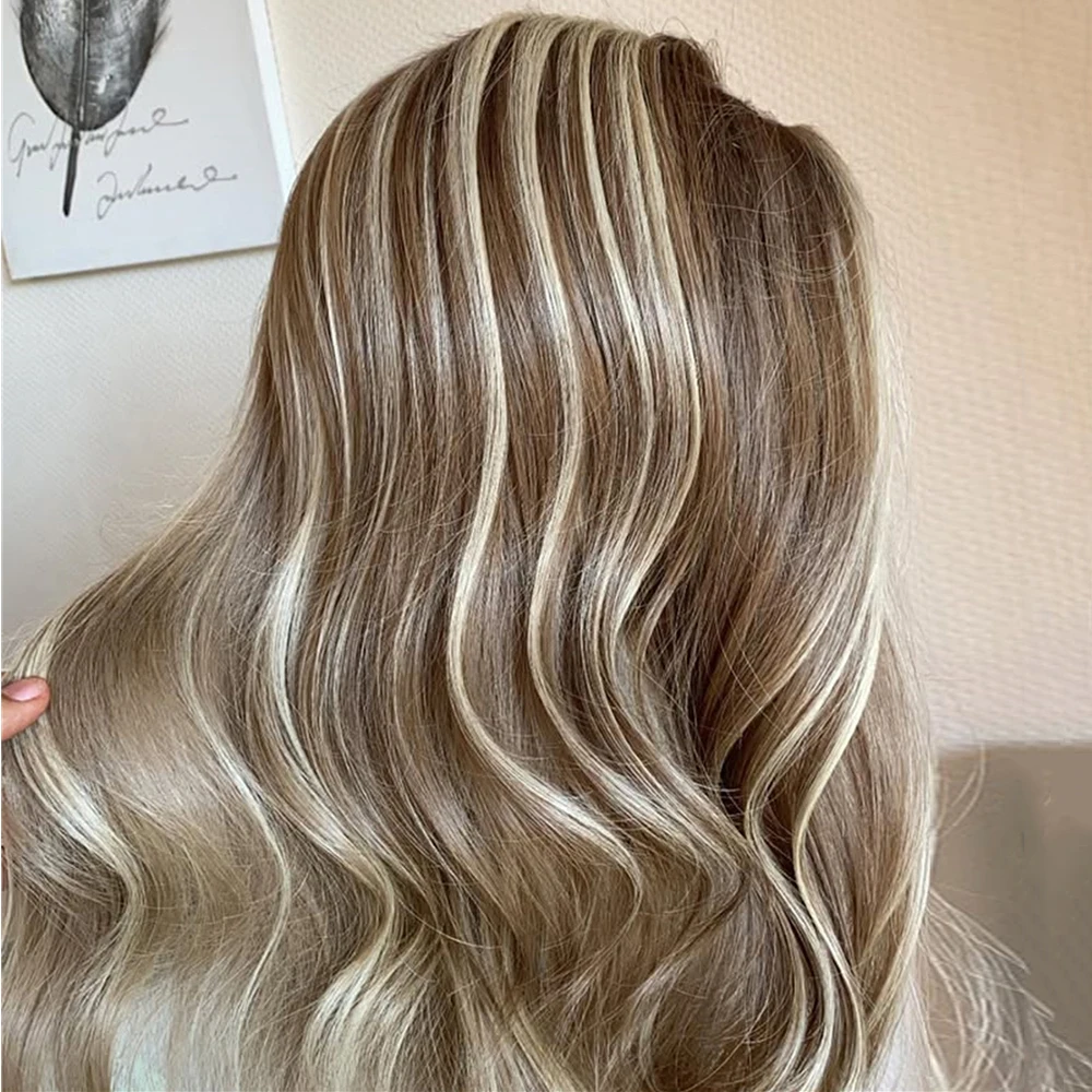 

Длинный волнистый синтетический парик с кружевной передней частью для женщин, светлый с натуральными волнистыми прядями, предварительно проработанный, из термостойкого волокна, балаяж-блонд