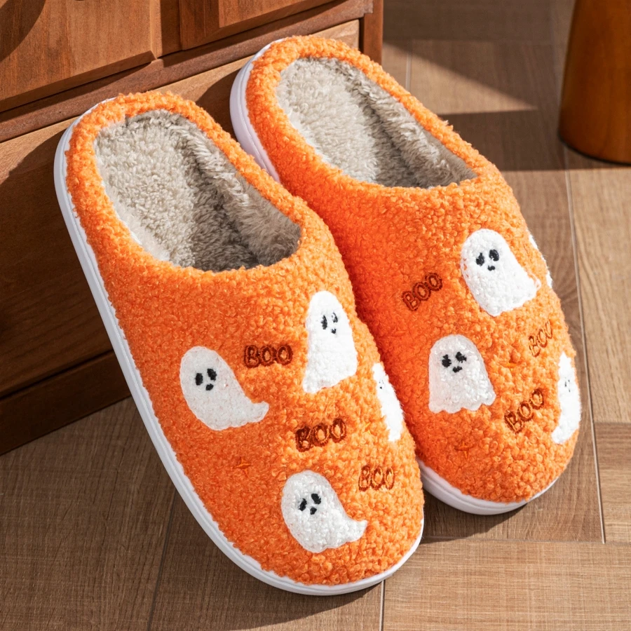 Fashion Men Slippers Halloween Little Ghost Embroidery Fuzzy Cartoon Indoor Sole Bedroom Non-Slip Warm Couple Home Shoes
