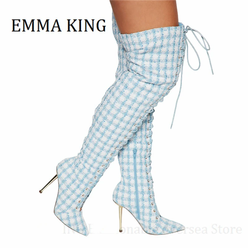 النساء منقوشة الدانتيل يصل الأحذية مثير مدبب تو كعب ستيليتو أحذية طويلة السيدات موضة الأحذية غير سترتش بوتاس دي موهير 44