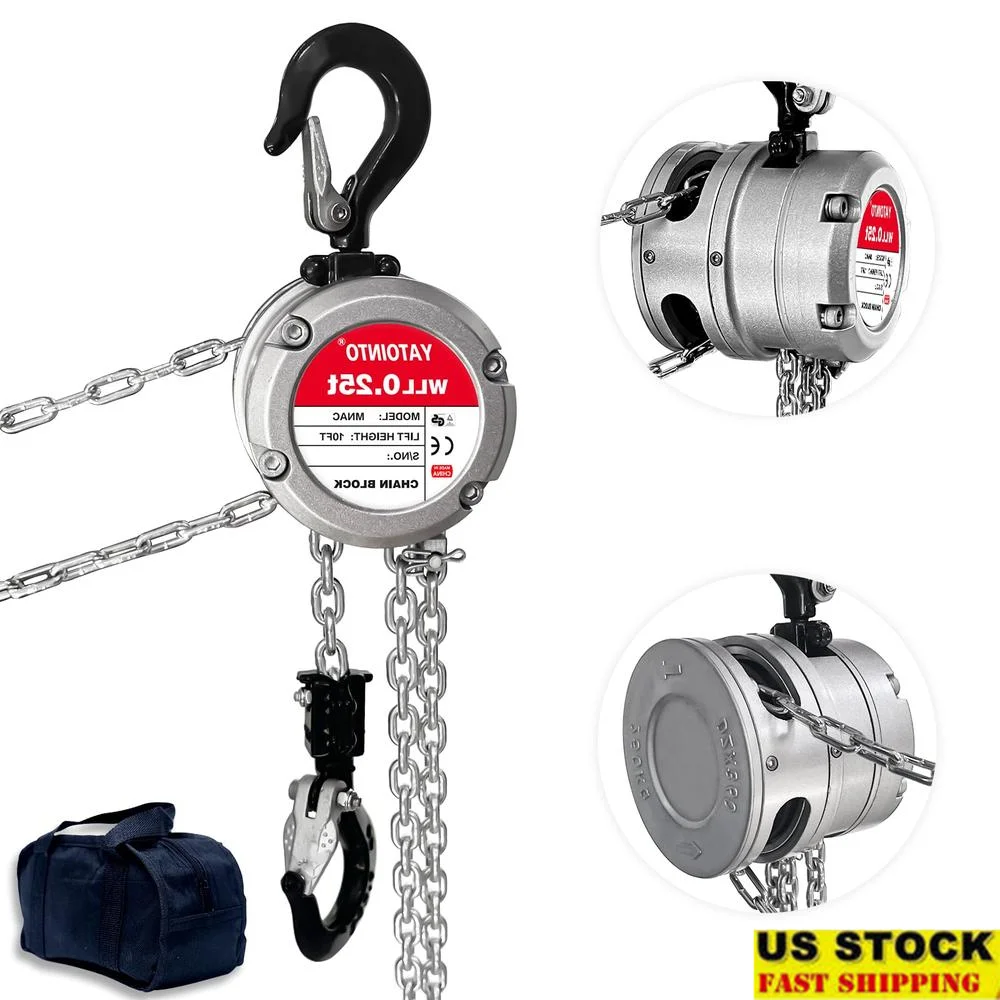 Aluminum Manual Chain Hoist 1/4 Ton 10FT Lifting Height Lightweight G80 Chain Block Factories Warehouses and Construction Sites