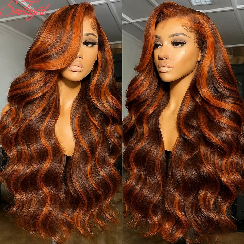 Peluca de Cabello Humano con Ondas Suaves, Color Marrón Jengibre con Reflejos, Densidad 200%, con Encaje Frontal Pre-Desplumado, Ombre P1B/4, Color Naranja Jengibre