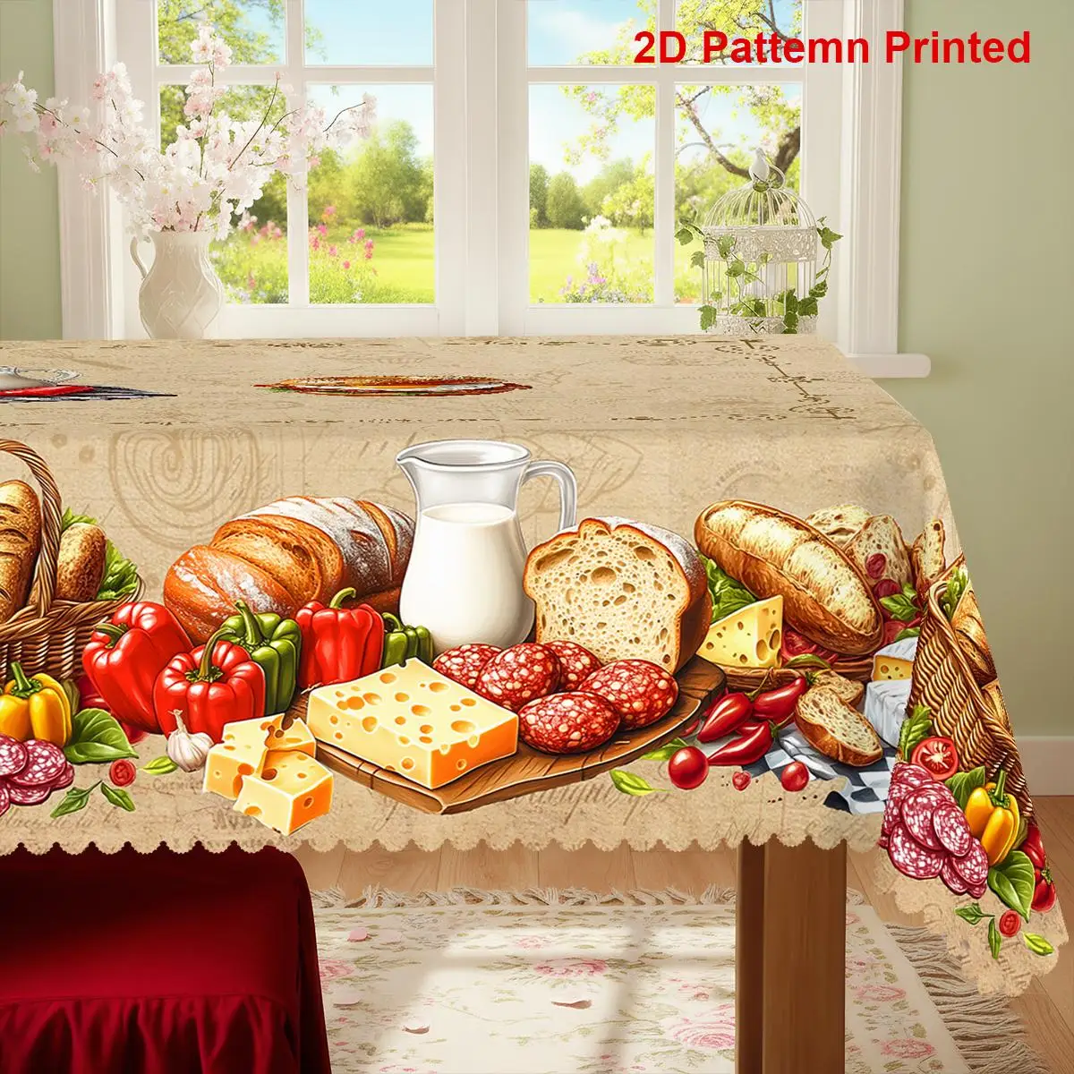 One tablecloth for a food-themed party, featuring a vintage buffalo stripe design with milk, bread and cheese prints.