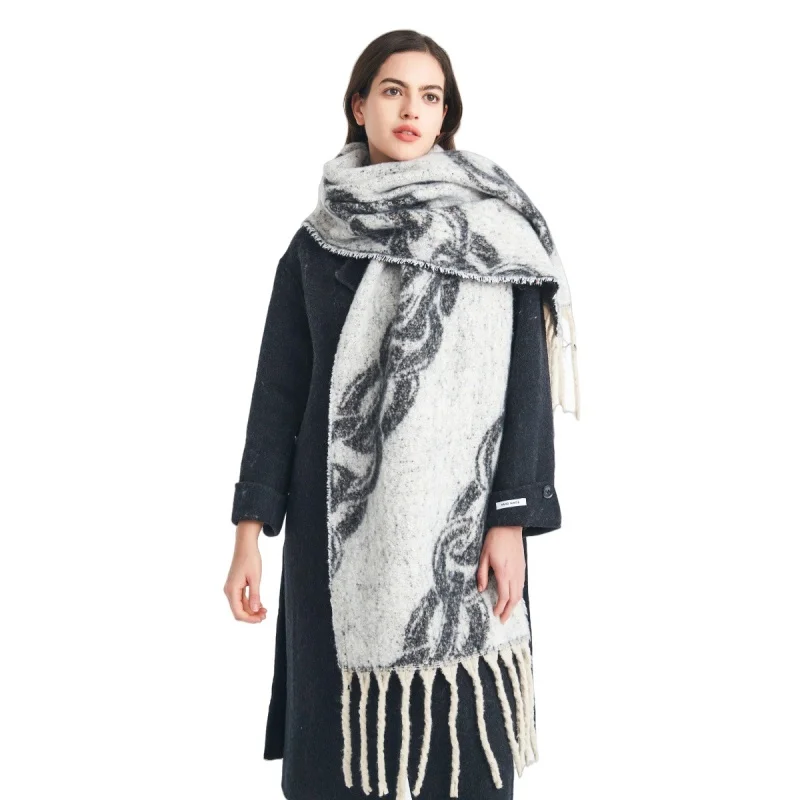 

Женский модный толстый теплый шарф с замком и принтом, зимний жаккардовый шарф из пряжи с петлей, шаль с завязками и бахромой, осенние аксессуары для холодной погоды