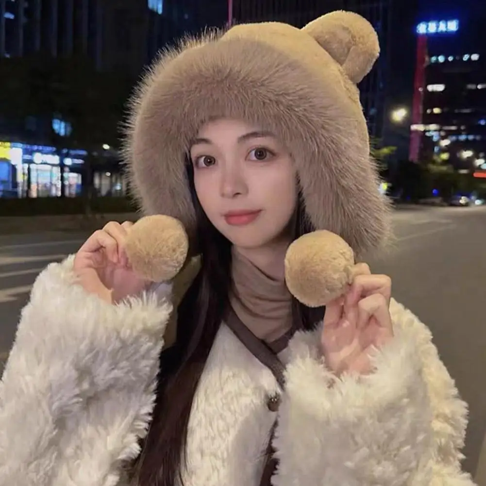 Winter Warm Cute Plush Bear Ear Hat Women Warm Faux Fur Beanie Trapper Hat with Strap Ear Flap Windproof Thick Fuzzy Cap Costume