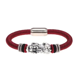 Pulsera Pixiu de plata de ley 999 auténtica para hombres y mujeres, cierre magnético, nudo trenzado a mano, amuleto tailandés Retro, joyería