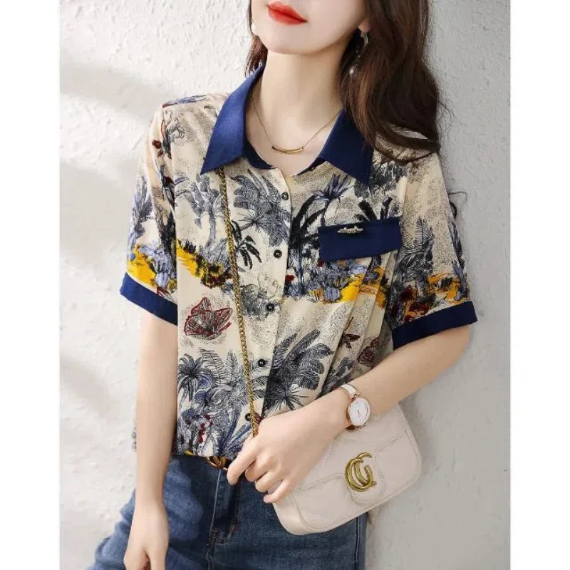 Plant&Flowers Cartoon Printing Women\'s Clothing Cardigan Short Sleeve Turn-down Collar Summer Button Up T-shirt Casual Tops