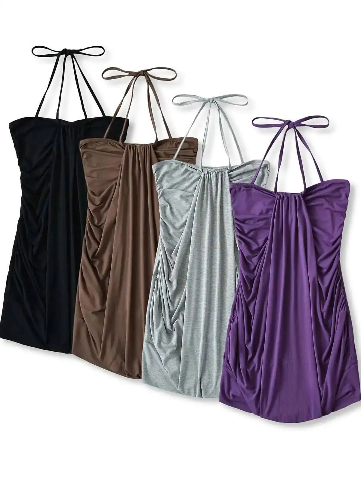 Spicy Girl Lace Up Neck Wrap Hip Dress Elegant For Women's 2024 Summer New Draping And Waist Closing Lantern Dress Summer C2QU