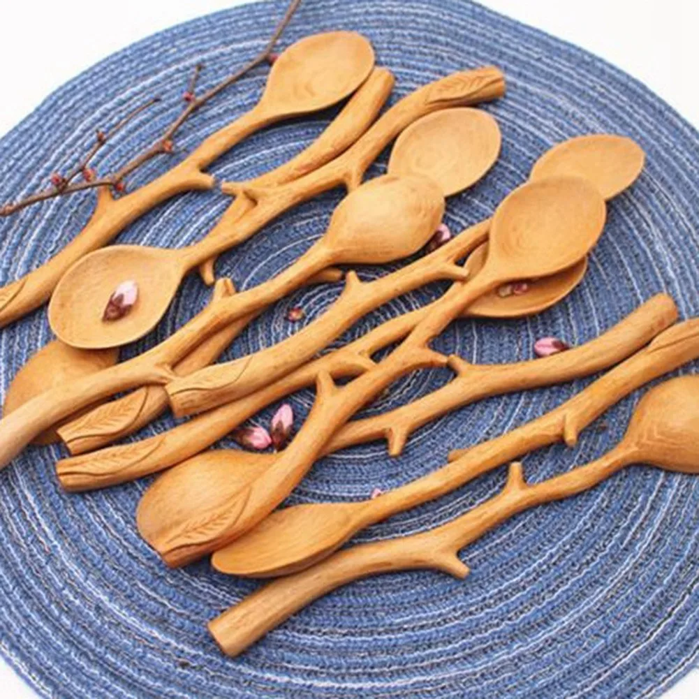 Cucharas de haya de estilo japonés, cuchara con mango largo en forma de rama, cuchara agitadora de café, vajilla, 5 uds.