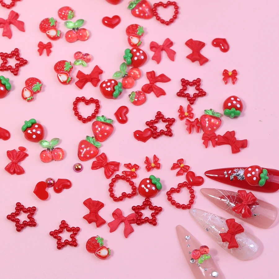 12 Grid 3D Red Nail Charms Box, Strawberry Bow Heart Bead Resin Nail Decorations for Nail Art DIY Craft