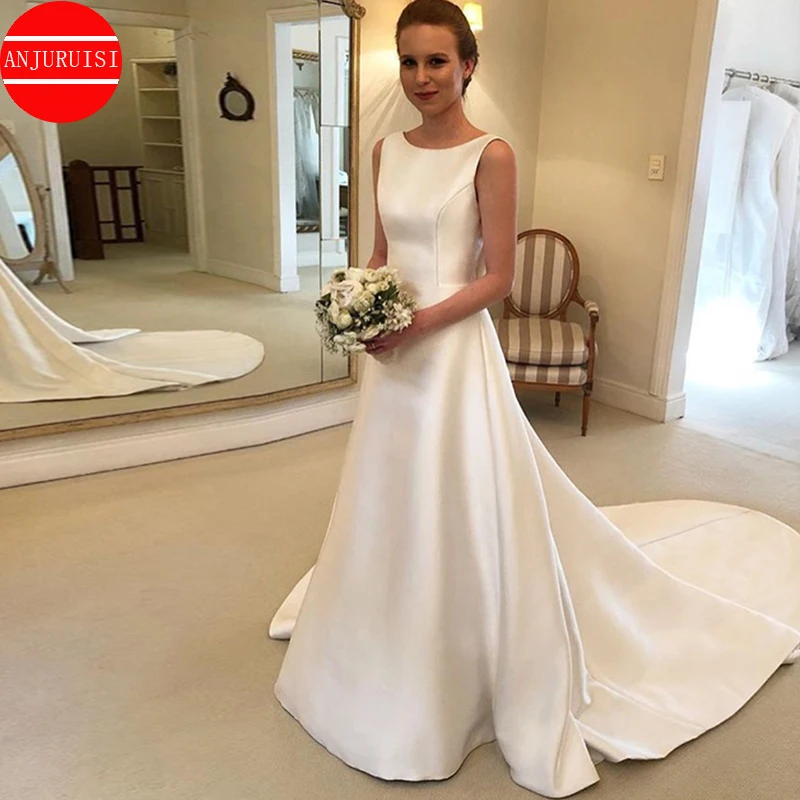 

A Line Satin Vestidos De Novia Para Boda Por La Iglesia Simple Wedding Dresses For Women 2022 Bride Gown Chapel Train Bow Back