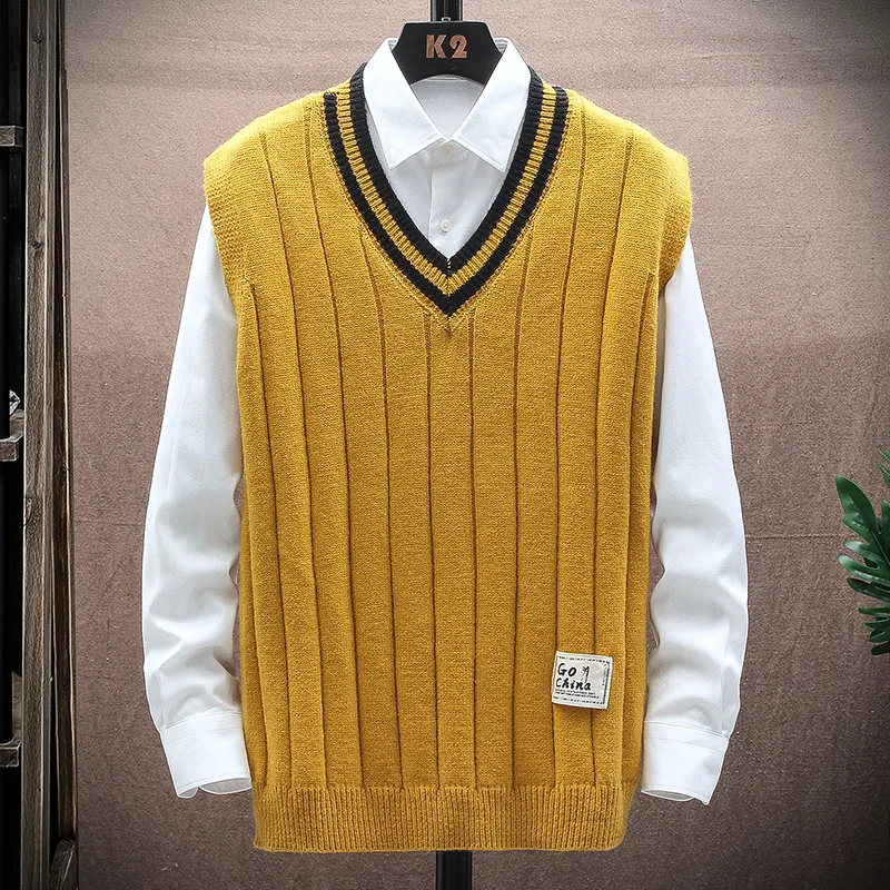 

Fashion quality striped collar thick knit sweater men's fall and winter Korean version of the V-neck sleeveless trend