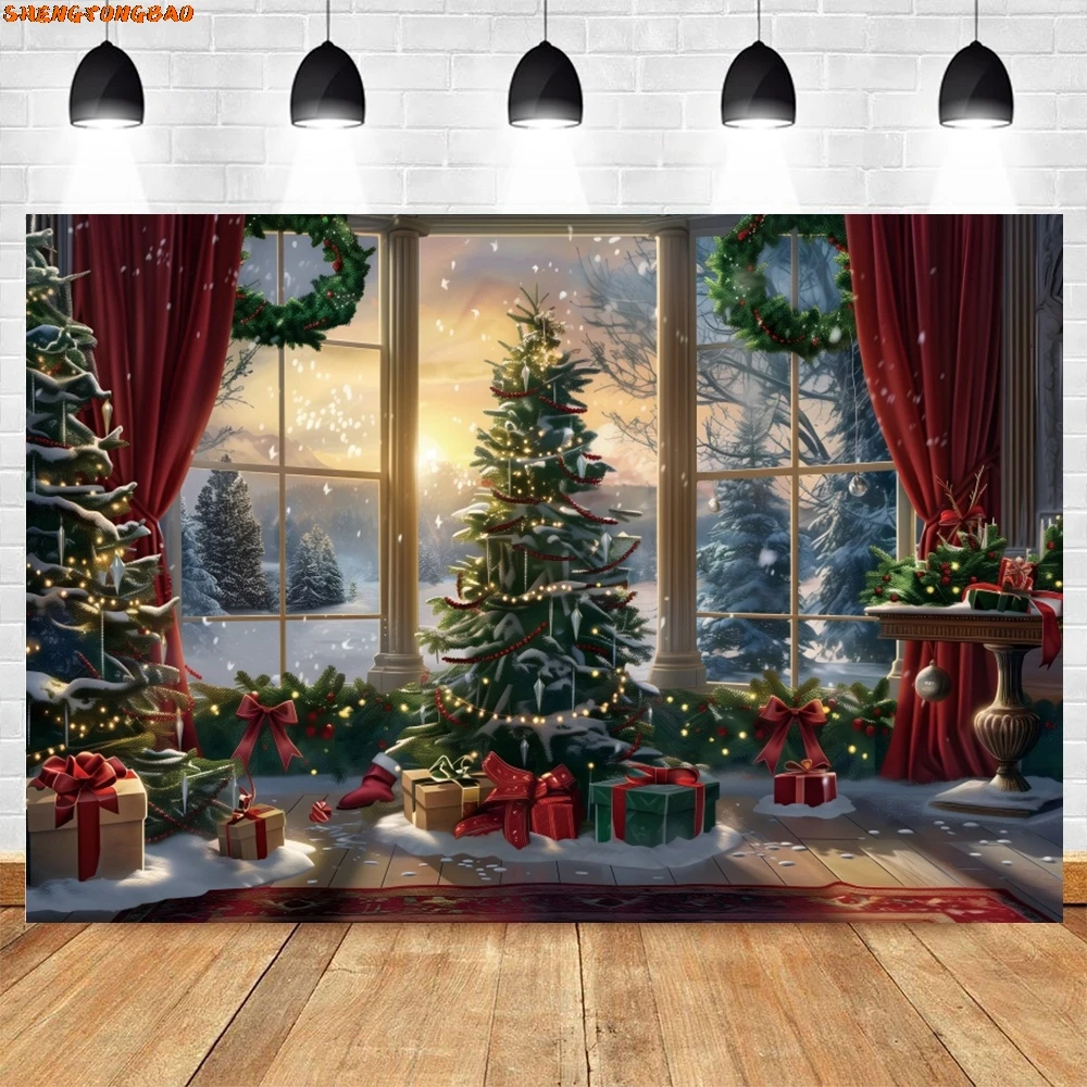 AI Christmas Tree Window Backdrop Gifts Wreath Baby Kids Portrait Xmas Party Photography Background Decor Photo Studio Props