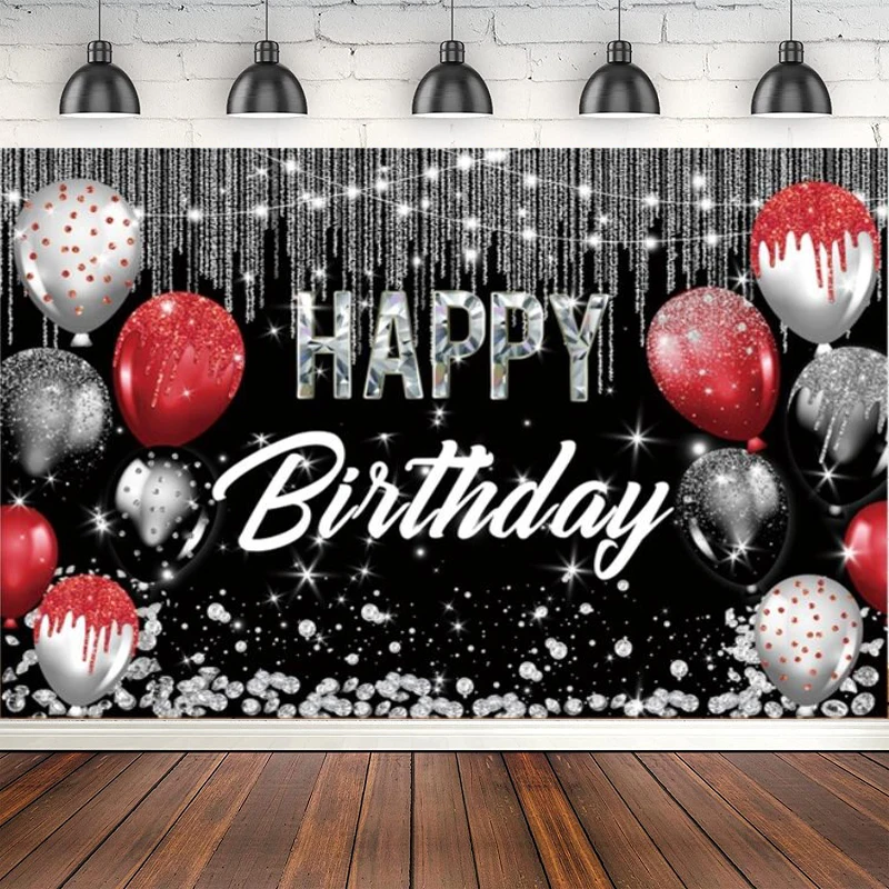 

Happy Birthday Photography Backdrop Silver Dots Balloon Photocall Portrait Party Decor Background Poster Photo Studio Banner