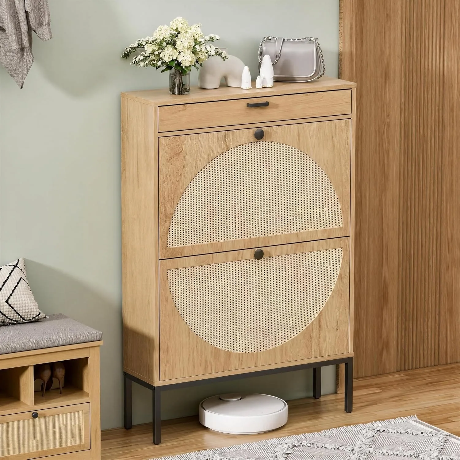 Shoe Rack Storage Organizer with 2 Natural Semi-Circular Rattan Doors, Large Entryway Wooden Shoe Cabinet for Sneakers, Leather Shoes, Slippers (1 Piece, Light Beige)