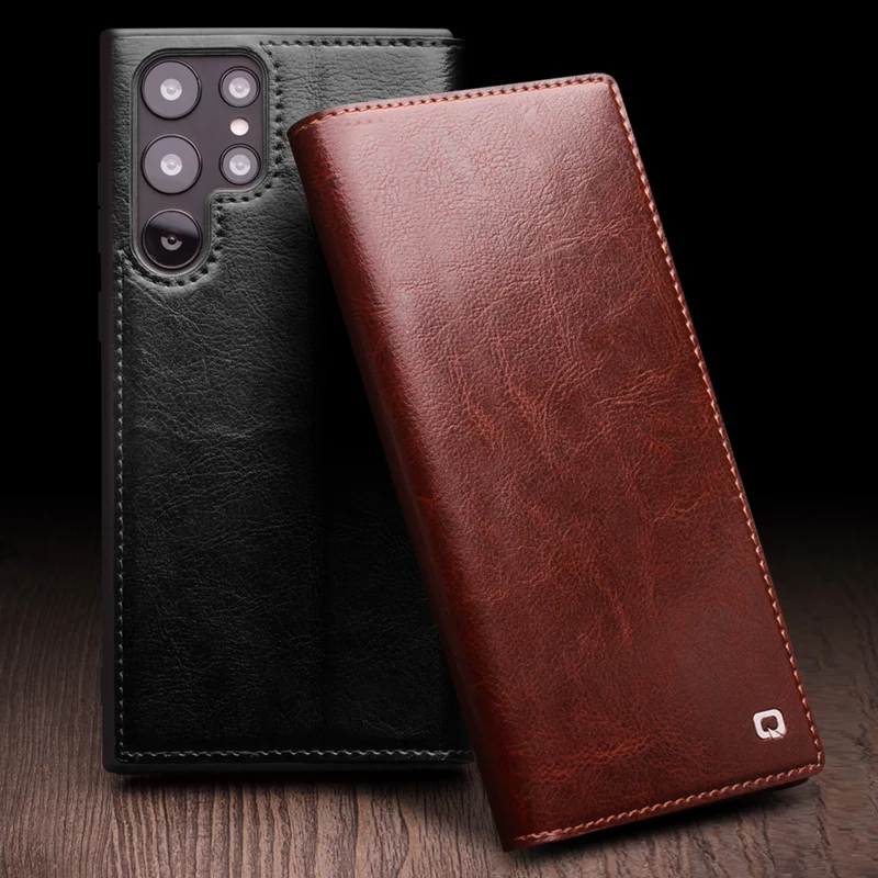 

Phone Cases For Samsung Galaxy S24 S23 S22 S22+ Plus Ultra Real Genuine Leather Flip Cover Card Pocket Business Qialino Brand