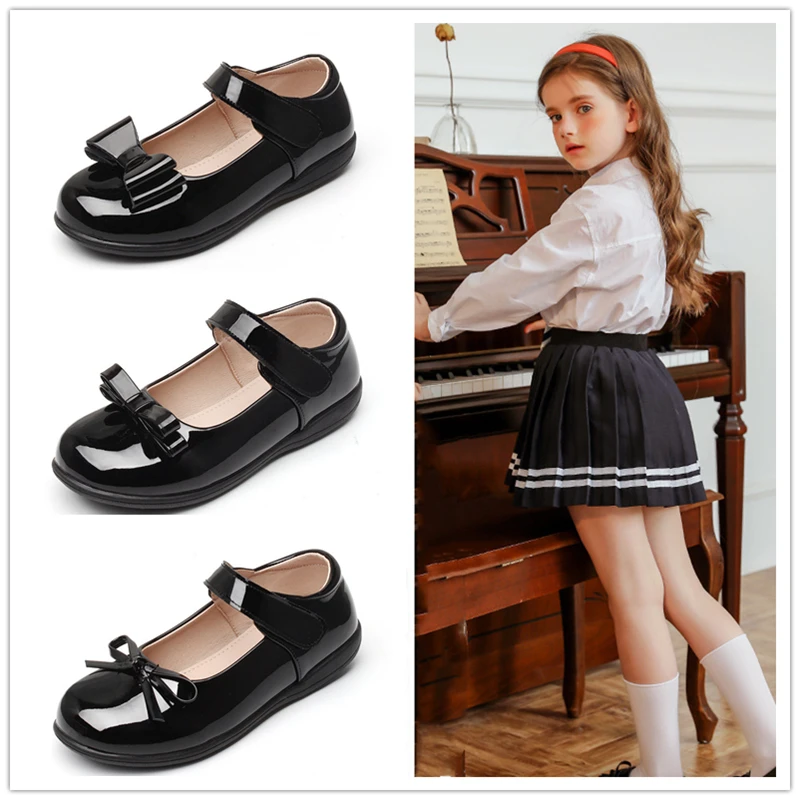 Children Student School Uniform Shoes Toddler Girl Genuine Black Leather Shoes For Kids Girls Bows Princess Dress Shoe 4-10 Year