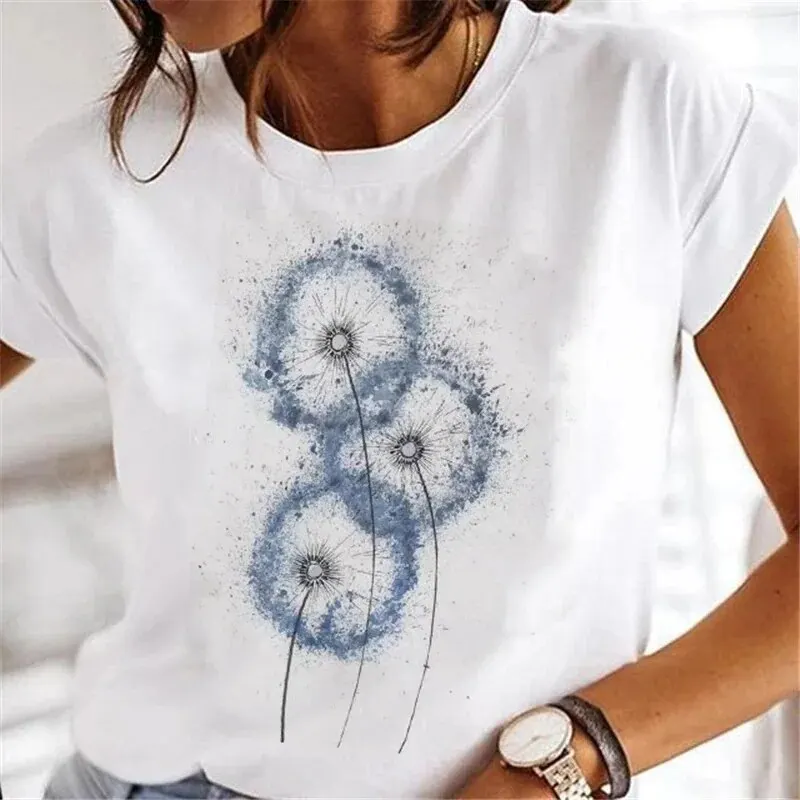 Dandelion t-shirt grafis cat air 90s, Kaus wanita lengan pendek musim semi musim panas