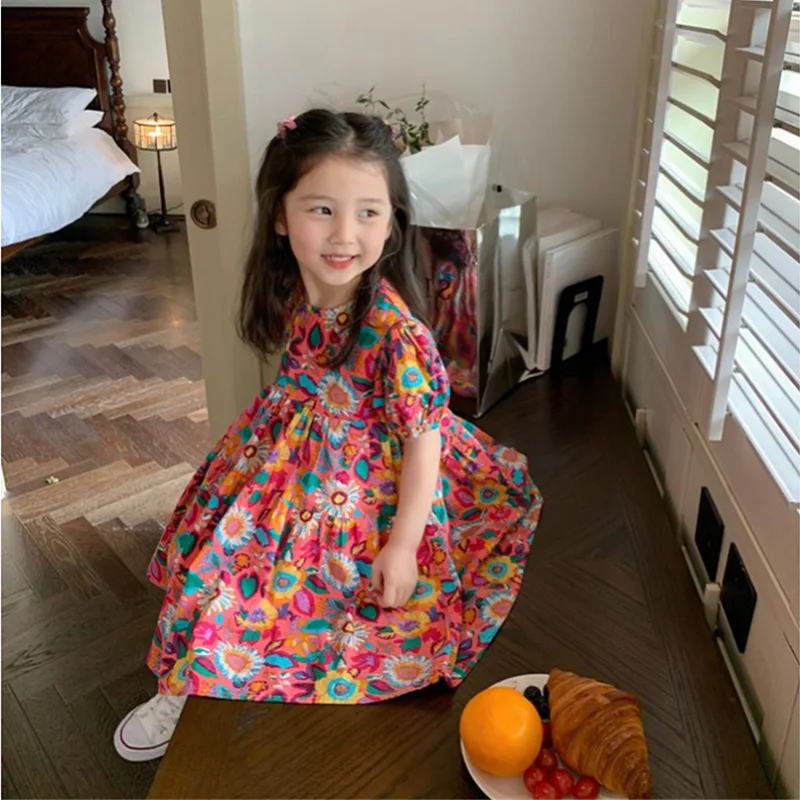 Girls' Dress Puff Sleeve Floral Dress Princess Dress25Summer New Foreign Trade Children's Wear Delivery3-8Years Old 3