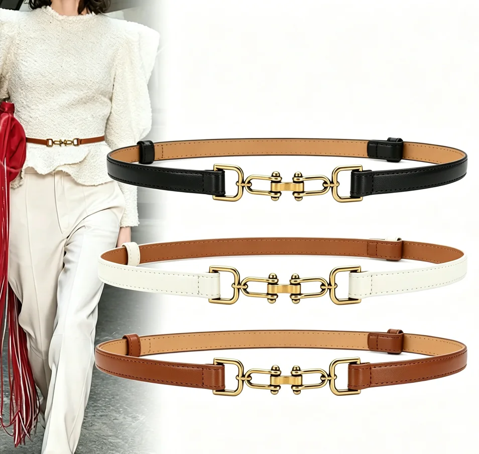 

Fashionable Skinny PU Leather Alloy Buckle Custom Brand Design Thin Skinny Faux Leather Belt For Jeans Dress