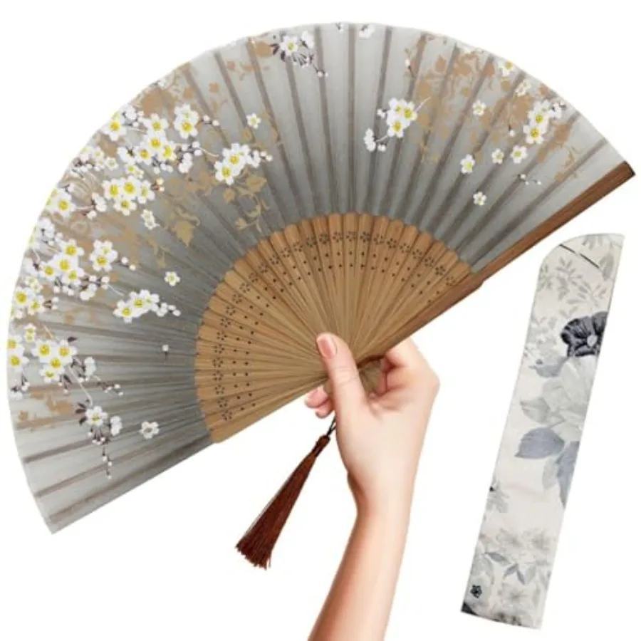 

OMyTea Folding Hand Fan for Women - Foldable Chinese Japanese Vintage Bamboo Silk Fan - for Hot Flash, Church, EDM, Music Festi