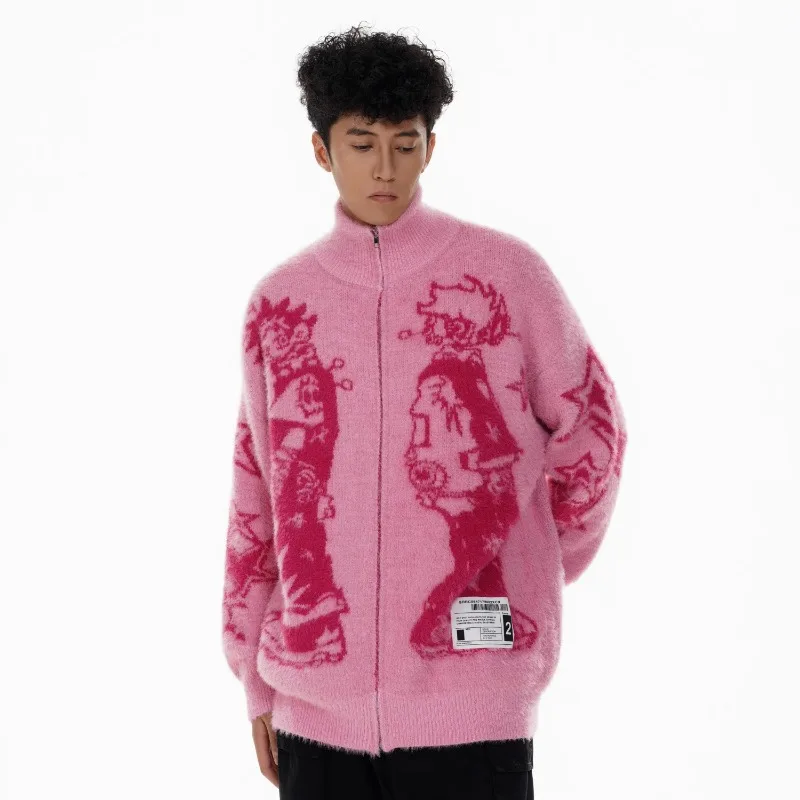 Japanese Autumn Atmosphere Cartoon Printing Personality Casual Abstract Jacquard Cardigan Sweater Loose Knitted Jacket Women