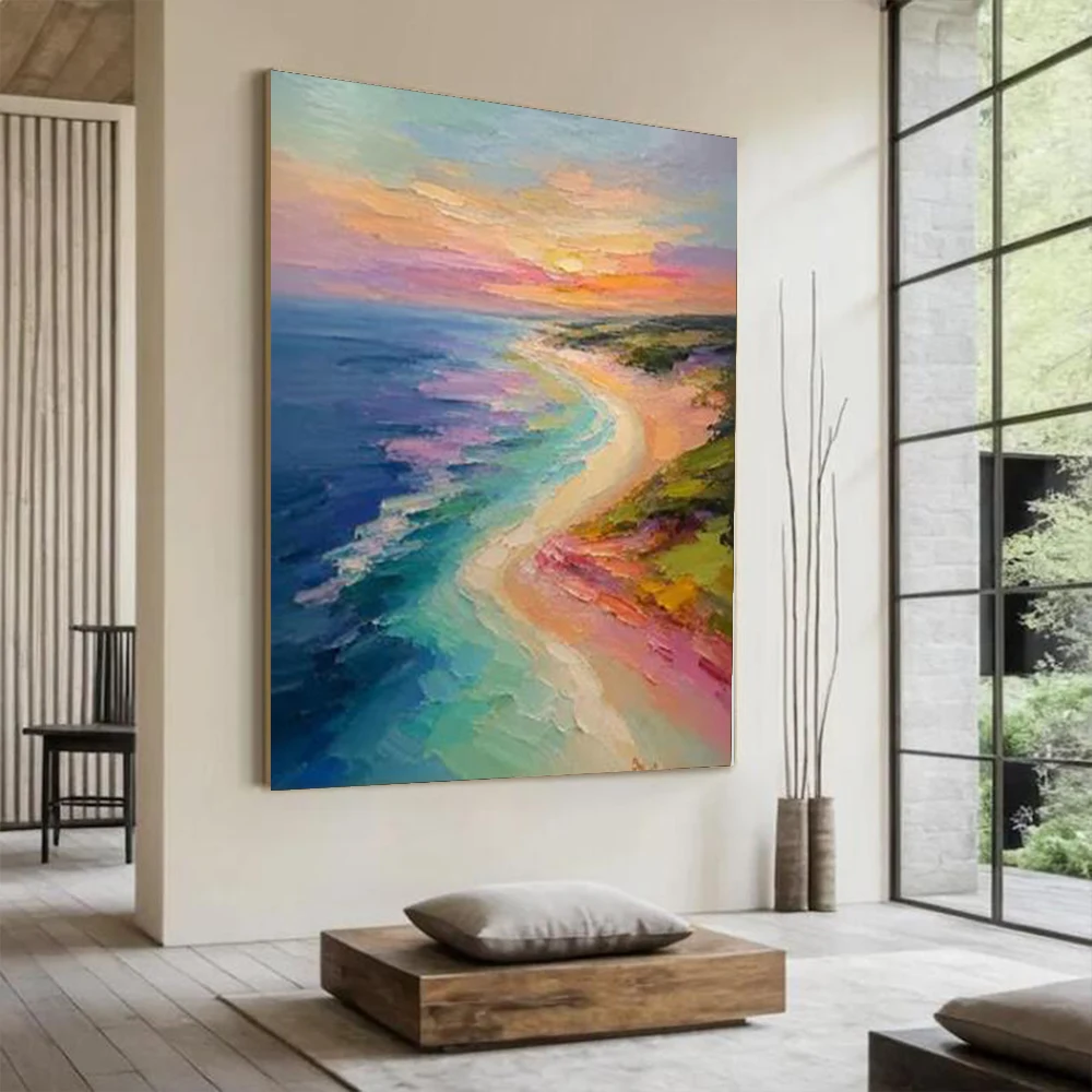 Modern Abstract Oil Painting on Canvas 100% Handmade Colorful Coastal Sea View Wall Art for Home Living Room Decor Image