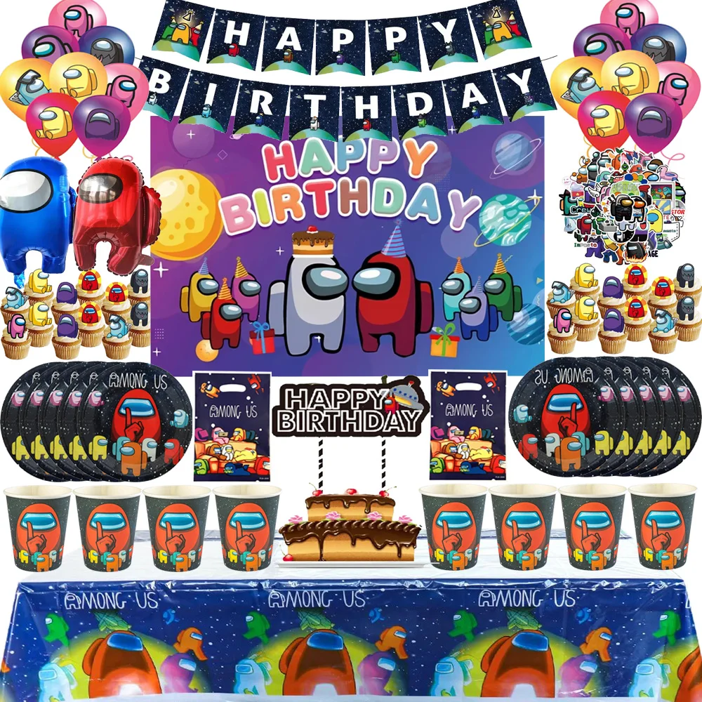 Cartoon Game Party Decorations Tableware Cups Plates Space Birthday Foil Balloons Cake Topper Baby Shower Party Boy Toy Supplies