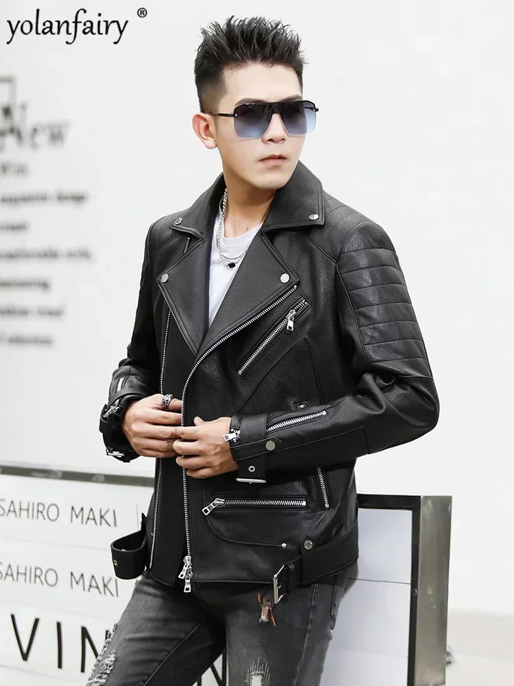 YOLANFAIRY Motorcycle Jackets for Men Genuine Leather Jacket Short Slim Korean Sheepskin Coat Male Clothing Veste Cuire Homme