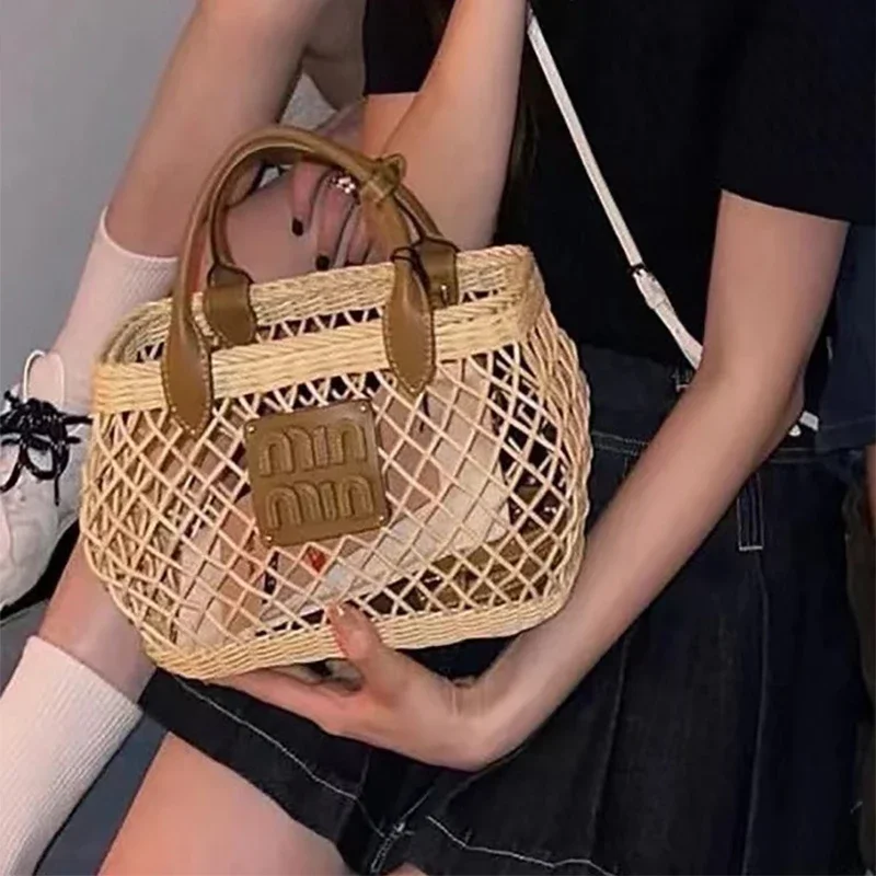 2024 Exquisite Hollow Bamboo Basket Bag Rattan Woven Crossbody Niche Design High Quality Letter Beach Holiday Women\'s Handbag