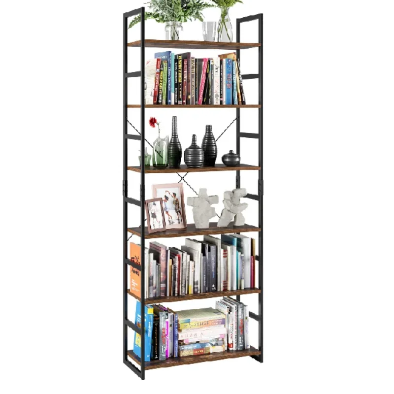 Homfa Wrought Iron Modern Multi-Purpose Shelves Storage Shelf Bookcase Ladder Organzier Decorative Home 6 Tier Wood and Metal