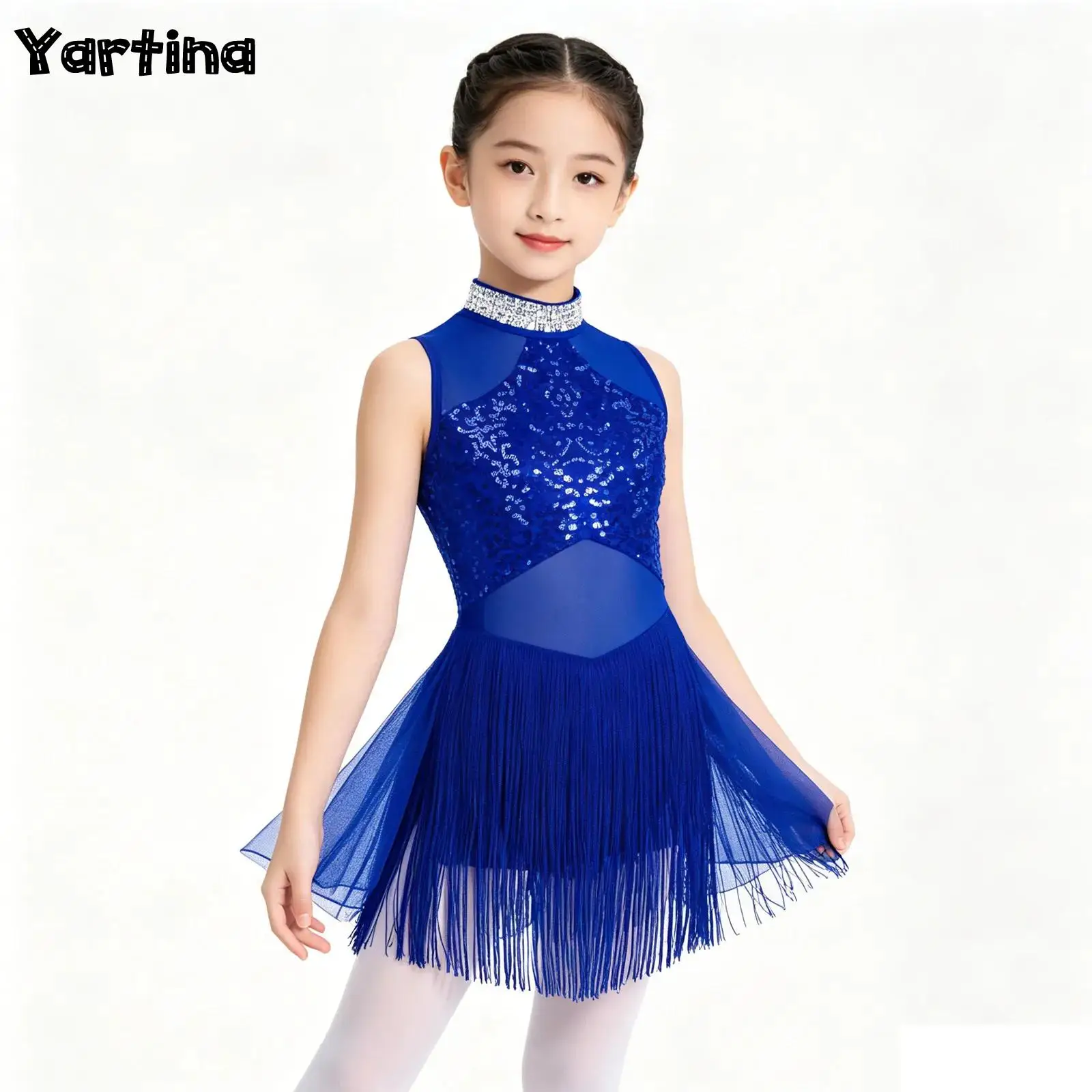 Justaucorps de gymnastique en strass brillant pour filles, Costume de patinage artistique, paillettes, ourlet à pampilles, robe de danse Tutu de Ballet Latin