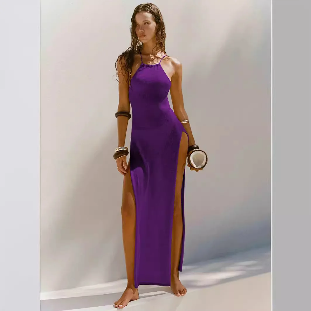 2025 Kintted Cover Up Beach Sexy See Through Maxi Slit Bodycon Summer Dress Bikinis Cover-ups  Elegant Halter Beachdress