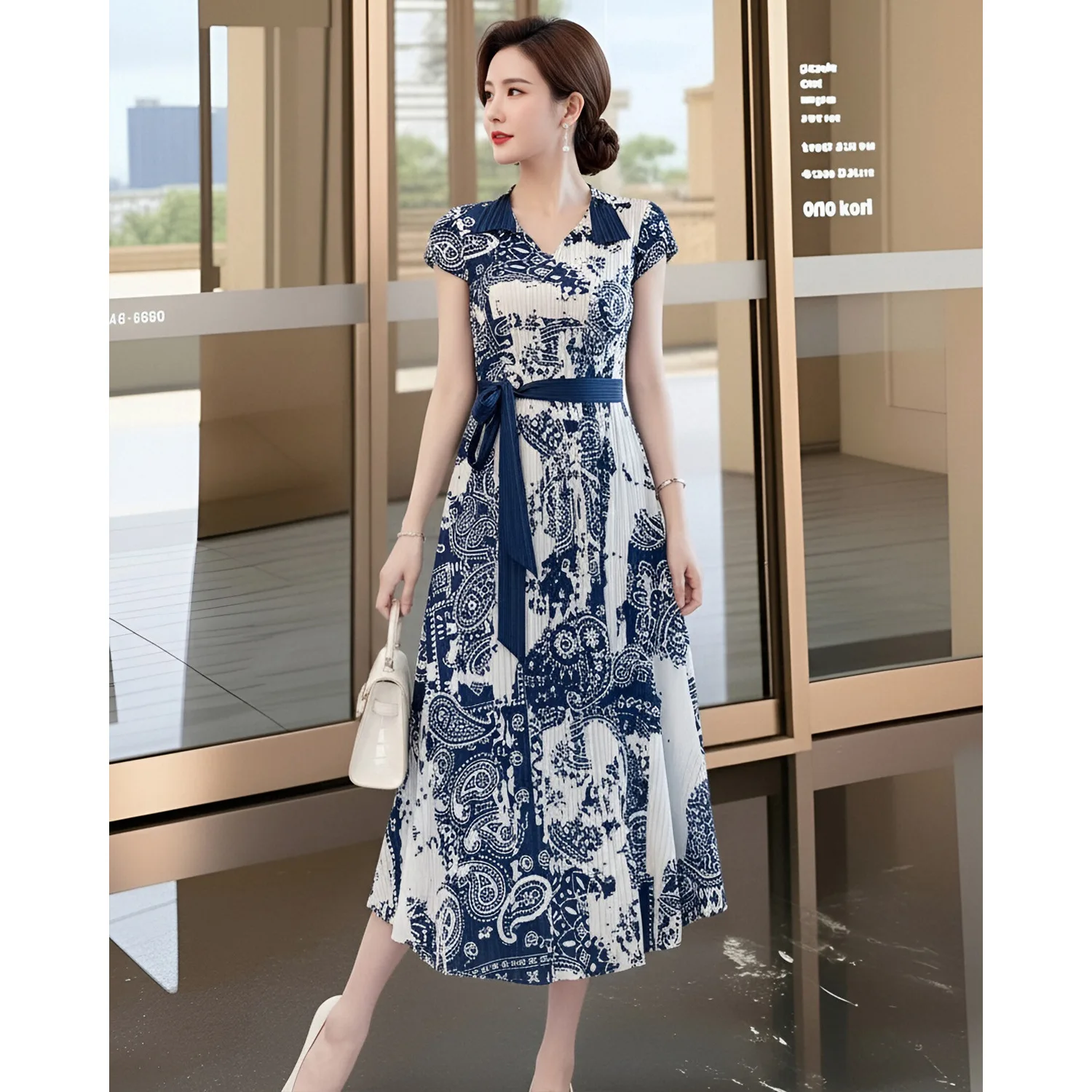 

Miyake Pleated Women's Casual Dress 2026 New Japanese Design Fashion Printed V-neck Short-sleeved Waist Elegant Slim Midi Skirt