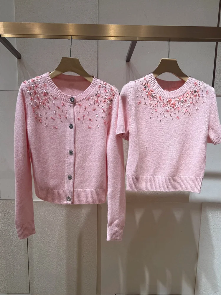 

Ele round Ne ort Sve Knitted Top Women's Slim Fit Heavy Embellied Bright Tead Sweet Gentle Sle Upperwear