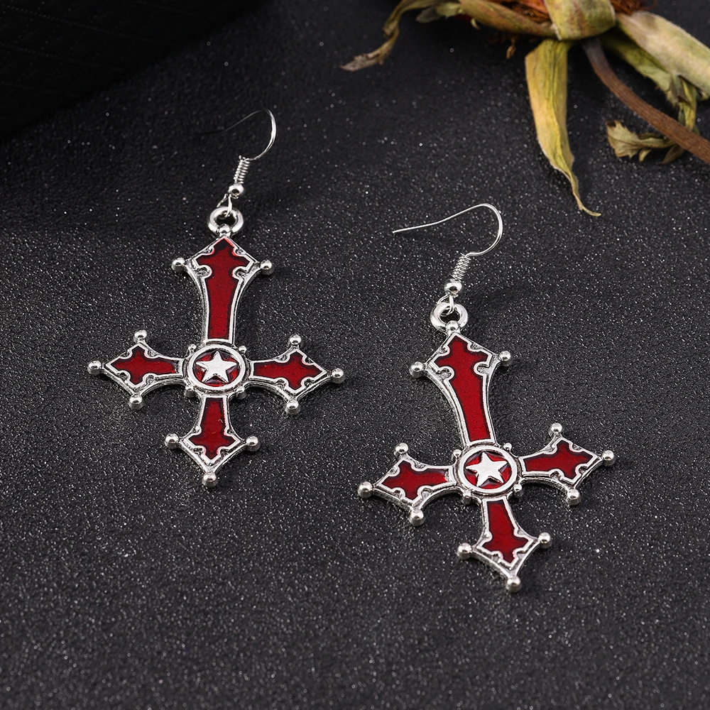 Aihua Gothic Pentagramm Umgekehrtes Kreuz Anhänger Ohrringe Halloween Kreuz Anhänger Ohrringe Teufel Luzifer Satan Satanischer Schmuck – Detail 2