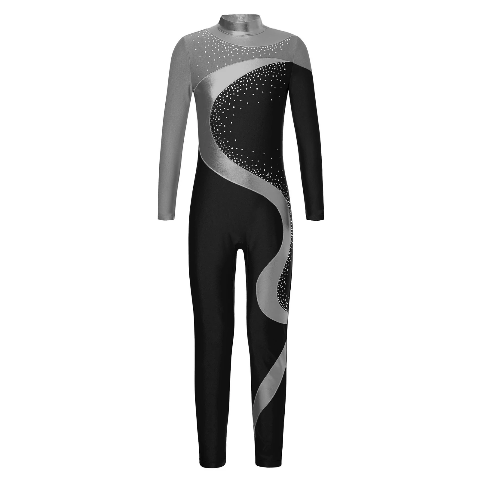 Kids Girls Long Sleeve Ballet Unitards Jumpsuit Metallic Gymnastics Figure Ice Skating Costume Ballet Jersey Dance Outfit