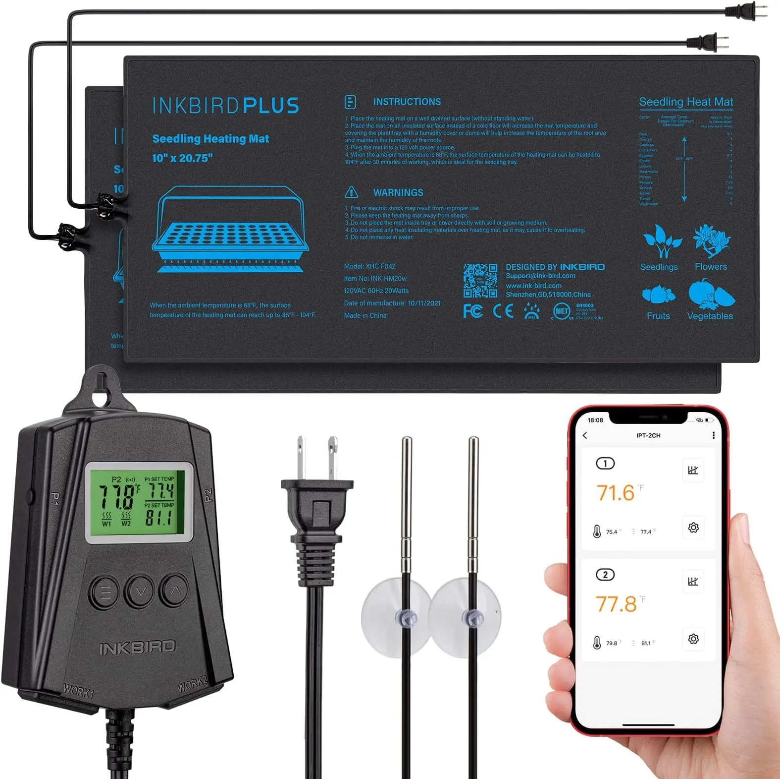 

INKBIRD US Plug Seedling Heating Pad with Wifi Temperature Controller Combo IPT-2CH Smart Thermostat with 2 Outlets and 2 Probes